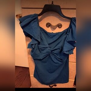 Womens Teal Blue Top Size L Scrunched Wrap Ruched Short Ruffle Sleeves Stretch